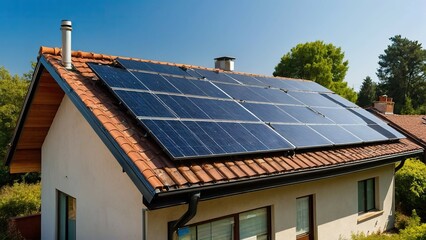 Fototapeta premium Solar panels on a rooftop bask in the sunlight