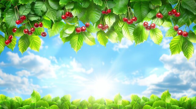   A branch of cherries against a sunny backdrop, with vibrant leaves and a radiant blue sky
