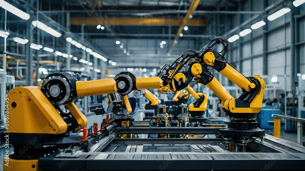 Poster row of robotic arms on an automated production line in a modern factory