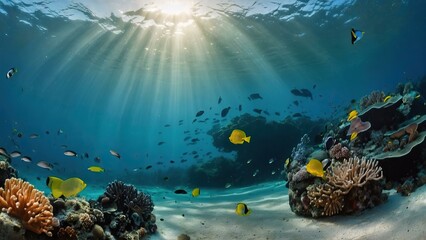 Naklejka premium Scuba diver exploring a vivid coral reef with tropical fish