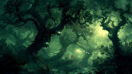 Obraz premium A spectral forest with trees that have faces and whisper secrets to passersby