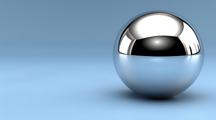   A shiny silver egg with a black center rests on a blue surface against a light blue background