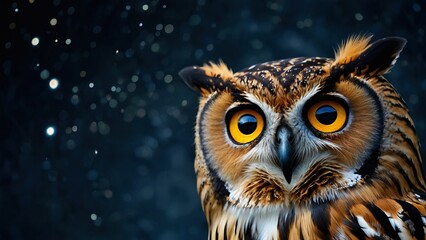 Close up of an intense owl with striking orange eyes