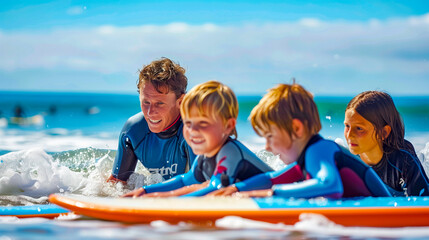 Profesor de Surf con sus alumnos  de 8 años practicando en el mar