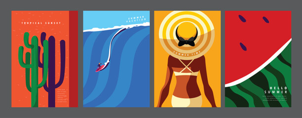 Summer layout set, poster banner template, flat vector, colorful minimal illustration