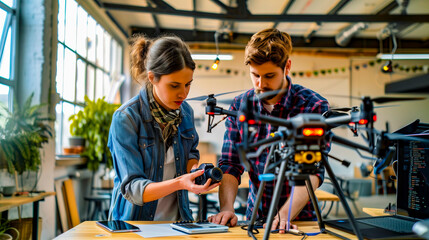 Dos personas, una mujer y un hombre trabajando en una oficina tipo coworking configurando drones para su uso