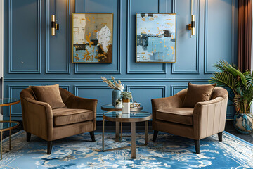 interior design concept for modern living room, featuring two armchairs with brown fabric and glass coffee table in front of blue wall panels with decorative paintings