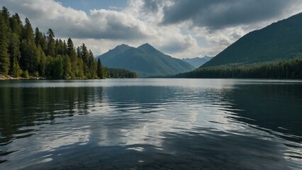 Black and white panorama of a serene lake and mountain landscape