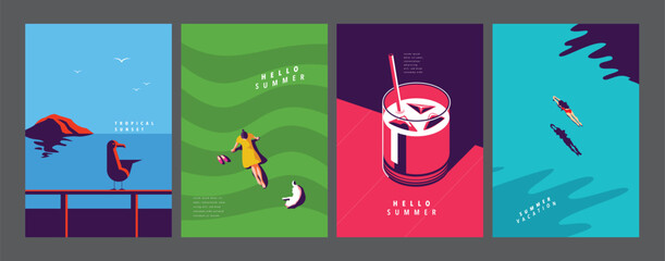 Summer layout set, poster banner template, flat vector, colorful minimal illustration