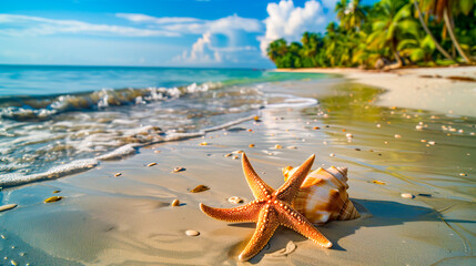 Estrella de mar apoyada en una caracola en una playa desierta