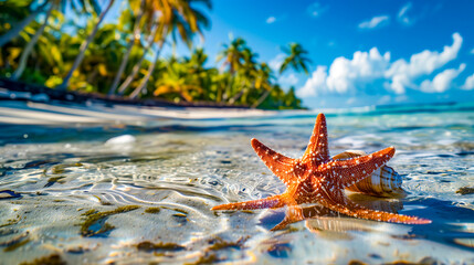 Estrella de mar apoyada en una caracola en una playa desierta