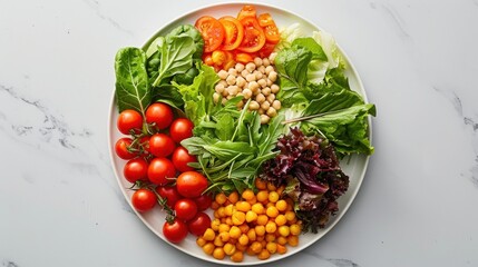 Design a visually appealing plate model demonstrating the ideal proportions of vegetables, protein, and whole grains for balanced meals.