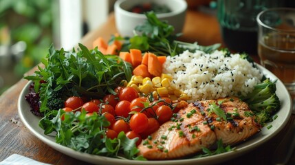 Design a visually appealing plate model demonstrating the ideal proportions of vegetables, protein, and whole grains for balanced meals.