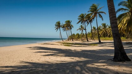 Fototapeta premium Palm trees line a sunny beach with ocean waves