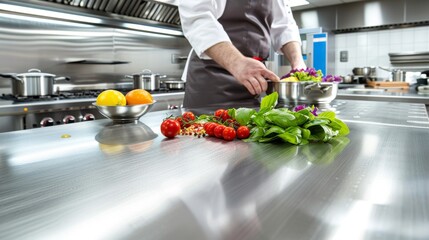 a professional cook placing food on her stainless steel kitchen table.