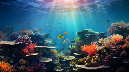 Underwater panoramic view of coral reef and tropical fish.