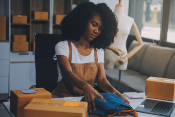 Startup SME small business entrepreneur of freelance Asian woman wearing apron using laptop and box...