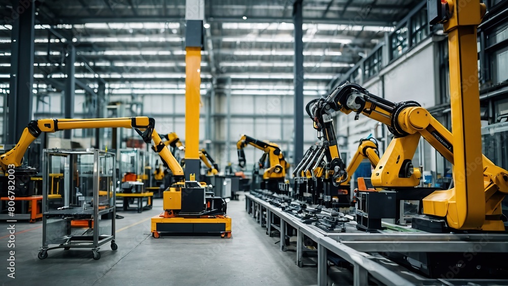 Poster row of robotic arms on an automated production line in a modern factory