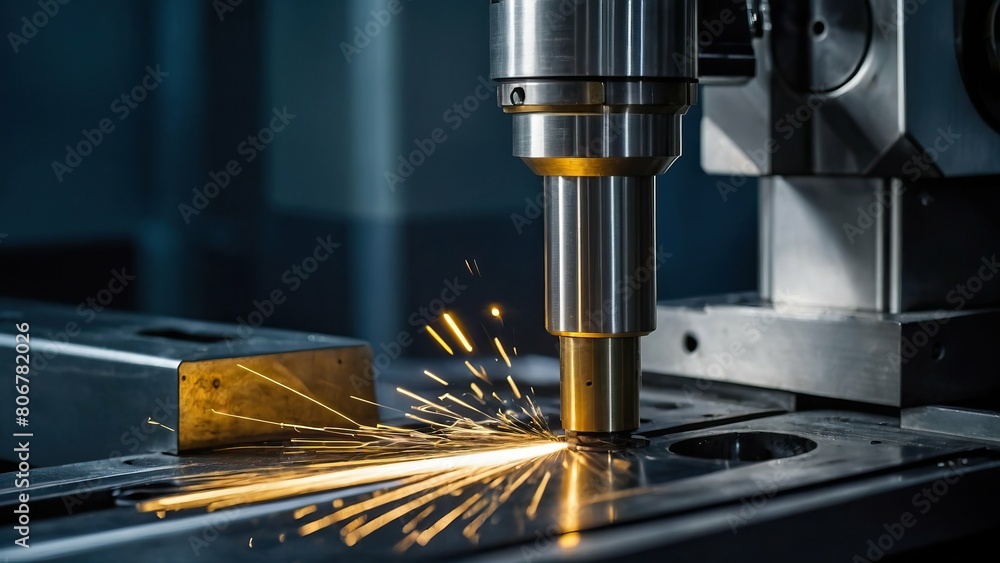 Poster precision metal machining with sparks from cnc machine