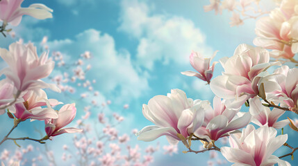 Blooming magnolia tree on sky background closeup