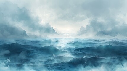A panoramic view of a watercolor landscape, where the horizon is a blur of aqua and sky blue, giving the impression of a distant, misty seascape.