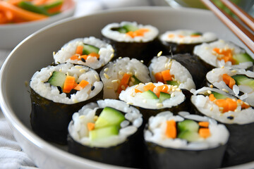 vegan rolls without fish, with vegetables of bright colors, in beautiful dishes,