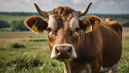 Grazing brown cow in a serene green pasture