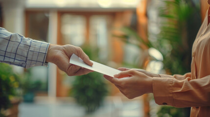 A close-up view of two hands exchanging a white envelope in a lush garden setting.
