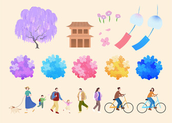 Delicate Japan travel elements. Floral, buildings, wind chimes and people isolated on beige background.