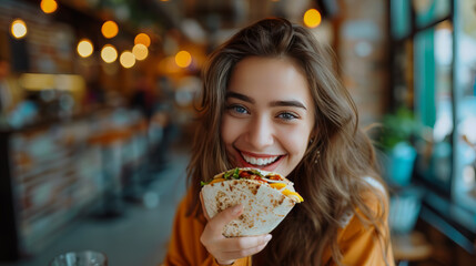 Young woman laughs heartily while holding a scrumptious and hearty filled wrap