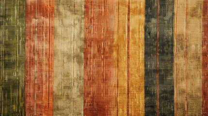 A bohemian striped print in earthy tones of rust orange mustard yellow and olive green featuring irregular stripes and textured details that evoke a sense of rustic charm and global-inspired style