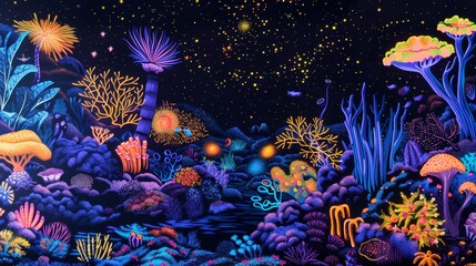 Vibrant underwater scene with colorful coral reefs and marine life in a fantastical depiction