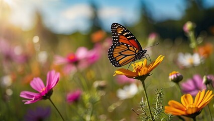 Obraz premium Butterfly hovering over vibrant cosmos flowers in sunlight