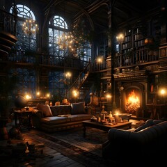 Interior of an old house with a fireplace at night. 3D rendering