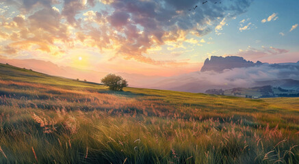 Golden Sunset Over Tranquil Meadow with Distant Mountains and Lush Grasslands