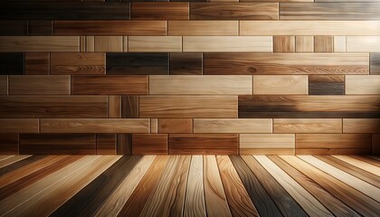 Wooden background, bricks, different colors of wood, wooden slats, parquet, mockup, template, space for text, wooden business