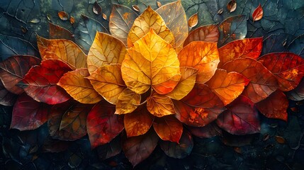 A surreal artwork where the leaves are stylized into geometric shapes, forming a seamless mosaic in shades of topaz and amber, evoking a sense of harmony and the change of seasons.