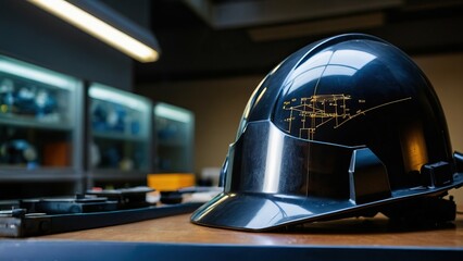 Black engineer helmet on a workbench in a well lit lab