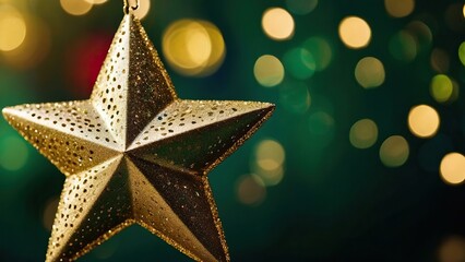 Festive gold and green Christmas background with stars and baubles
