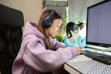 Teenager studying at the desk, student completing homework on computer, indoor education
