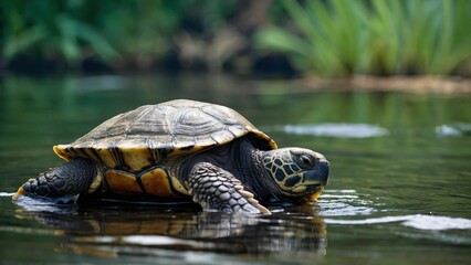 Obraz premium Close up of a tranquil turtle with a patterned shell in water