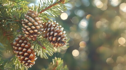   A tight shot of a pine cone against a backdrop of a pine tree, with soft, out-of-focus sunlight in the background