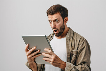 A man holding a tablet with a shocked face on a white background