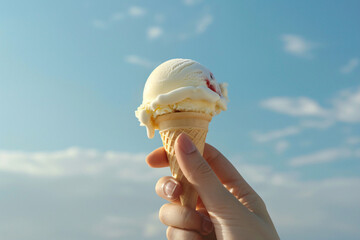 Hand-holding ice cream with the sky in the background