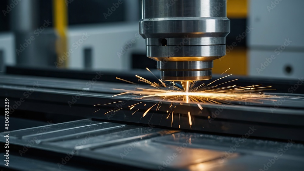 Poster precision metal machining with sparks from cnc machine