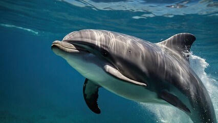 Obraz premium Playful dolphin swimming underwater with a serene expression