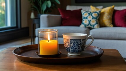 Obraz premium Cozy tea setting with lit candle