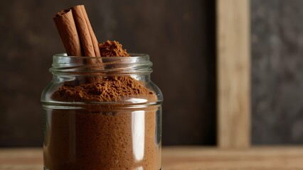 Glass jar with ground cinnamon and sticks on wooden backdrop