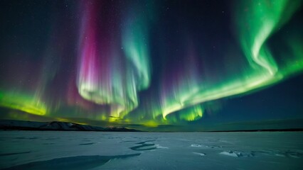 Vibrant aurora borealis illuminating the snowy polar landscape