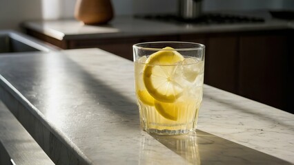 Chilled lemonade in a glass with ice and lemon slice on sunny table